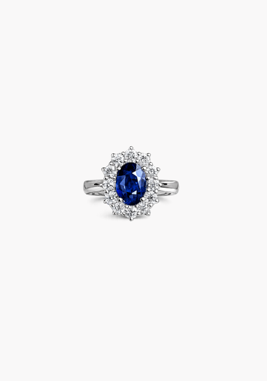 White Gold Engagement Ring with Diamonds and Sapphire