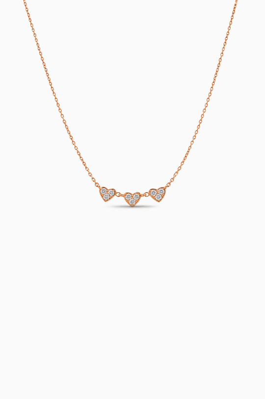 Colar 3 Corações Ouro Rosa com Diamantes
