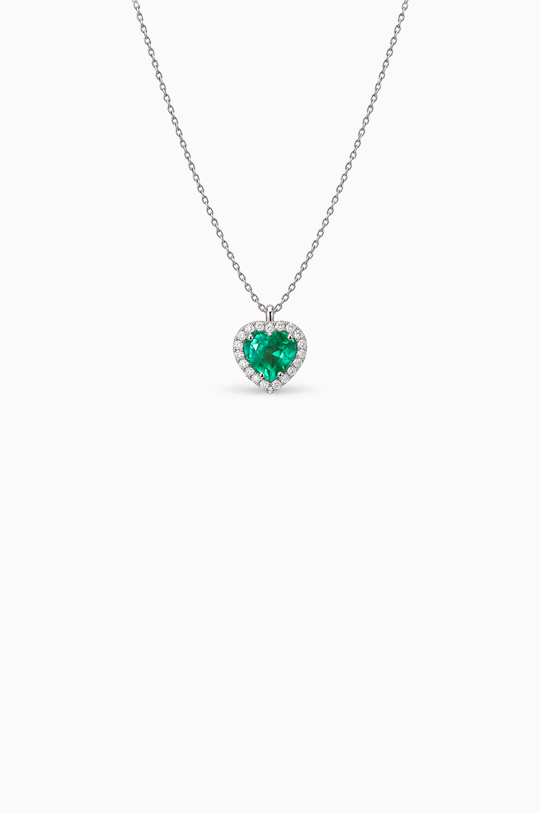 Heart White Gold Necklace with Diamonds and Emerald