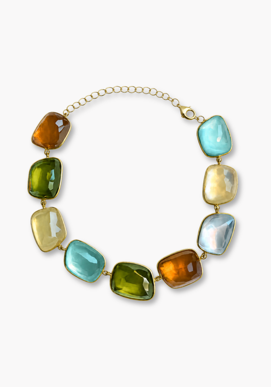 Gold Silver Necklace with Quartz, Citrine, Aquamarine and Mother-of-Pearl