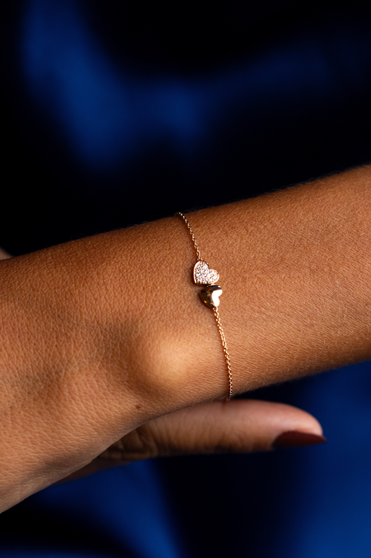 Pink Gold Chain Bracelet with 2 Hearts and Diamonds