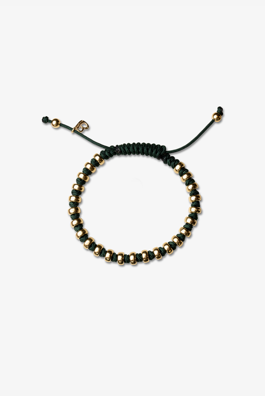 Pulseira de bolinhas prateadas com algodão verde escuro 