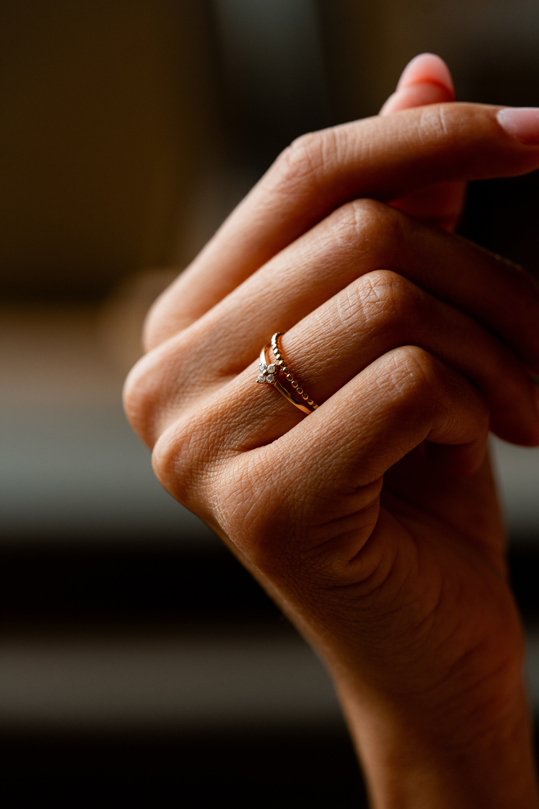 Double Pink Gold Ring with Flower Diamonds