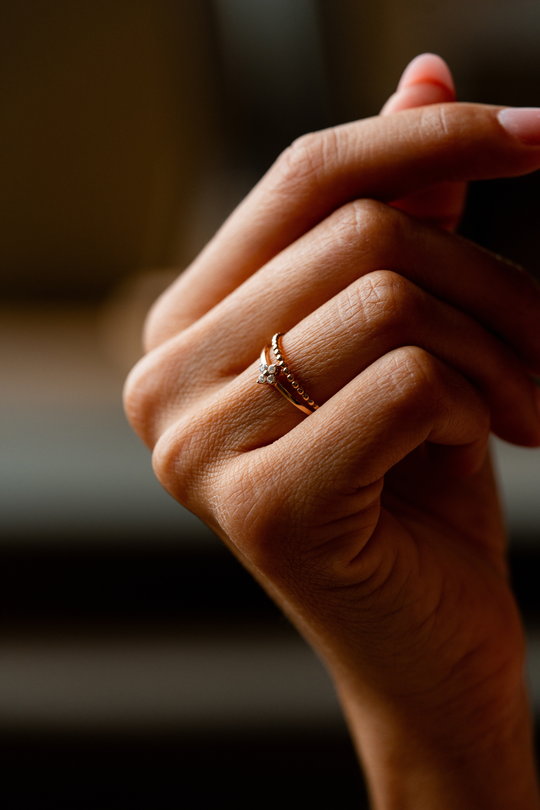 Double Pink Gold Ring with Flower Diamonds