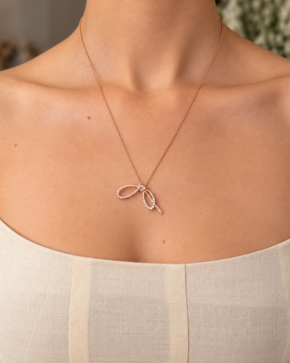 Pink Gold Maison Rose Bow Necklace with Diamonds
