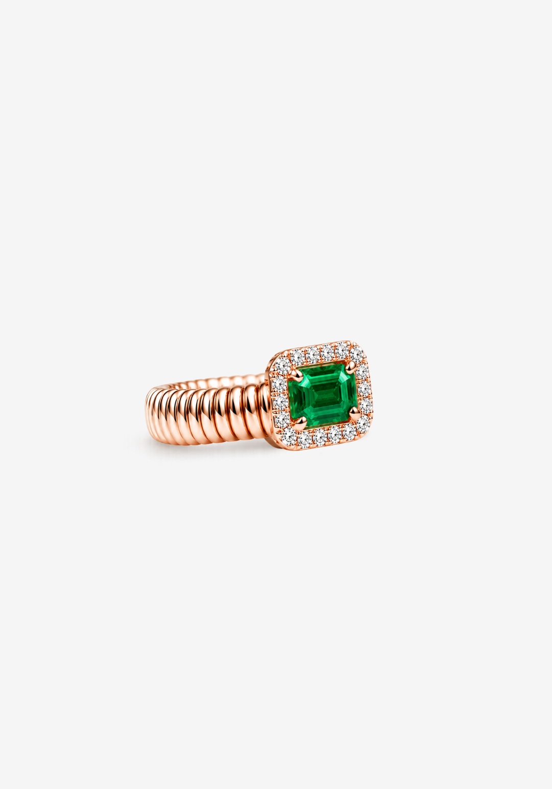 Anel em ouro rosa com diamantes e esmeralda