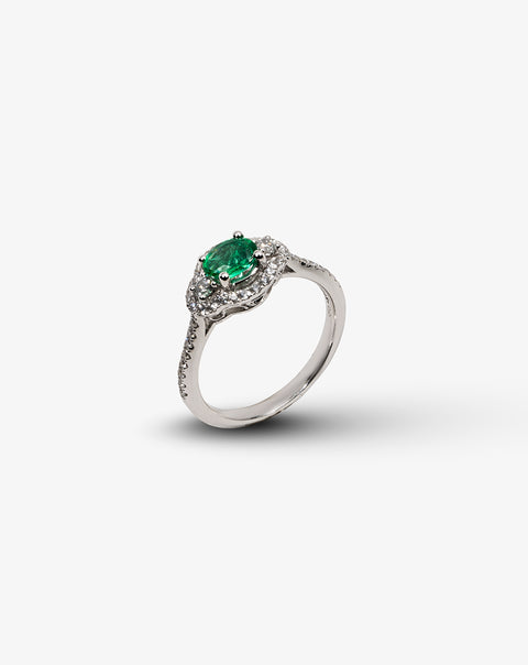White Gold Engagement Ring with Diamonds and Green Emeralds