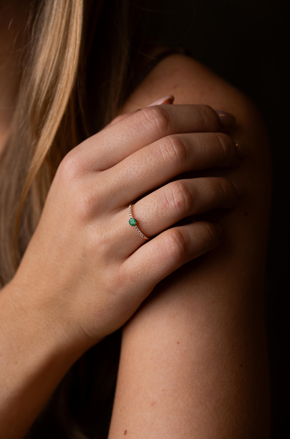 Pink Gold Ring with Diamonds and Emerald