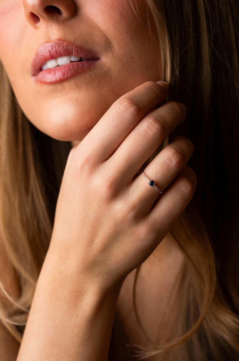 Pink Gold Ring with Diamonds and Blue Sapphire