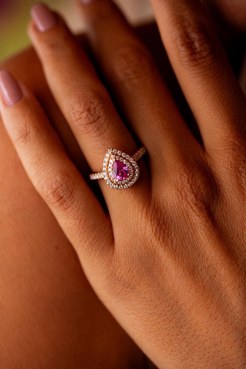 Pink Gold Ring with Diamonds and Sapphire