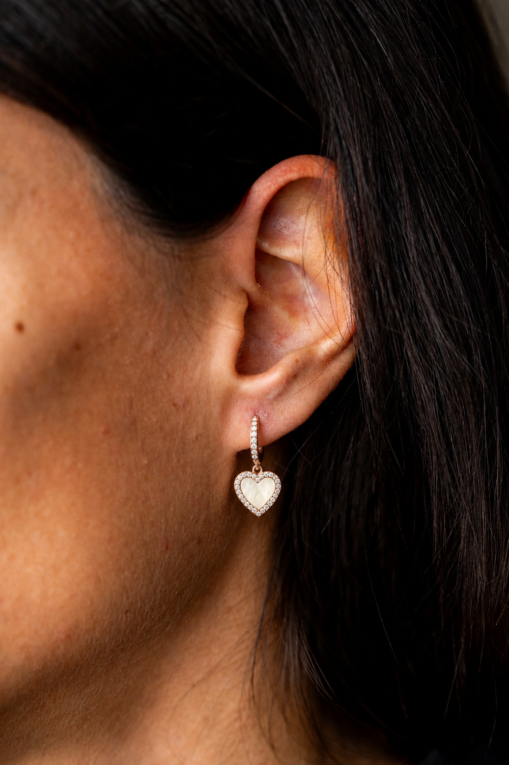 Pink Gold Heart Earrings with Mother-of-Pearl and Diamonds