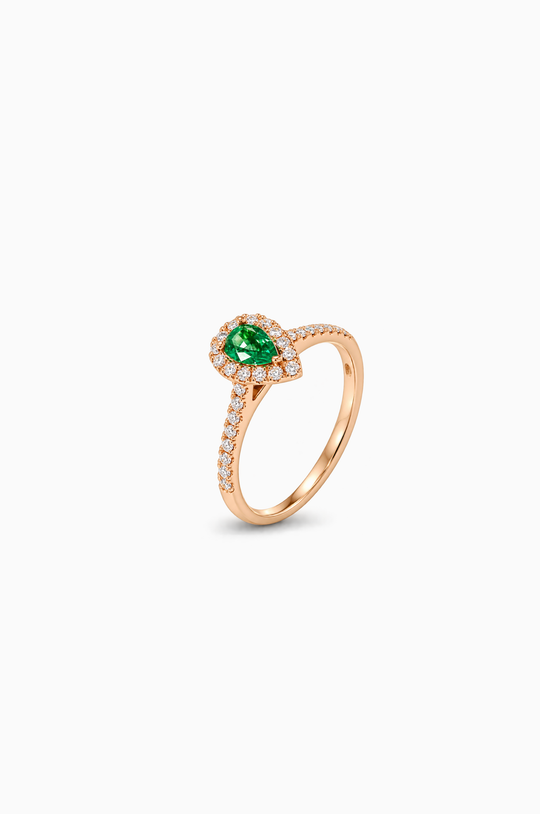 Anel de Noivado em Ouro Rosa com Diamantes e Esmeralda
