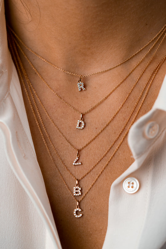 Pink Gold Necklace with Letter C and Diamonds