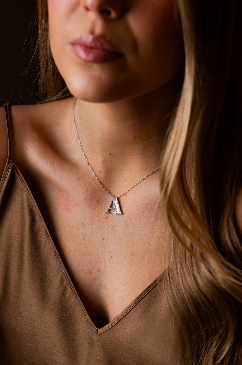 Pink Gold Necklace with Letter A and Diamonds