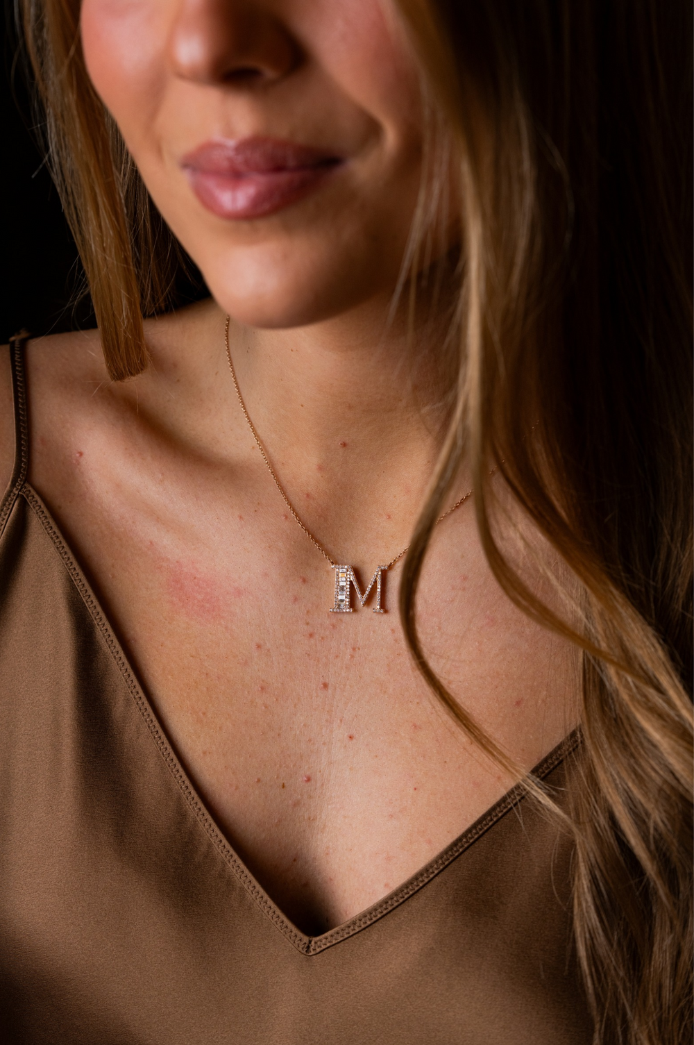 Pink Gold Necklace with Letter M and Diamonds