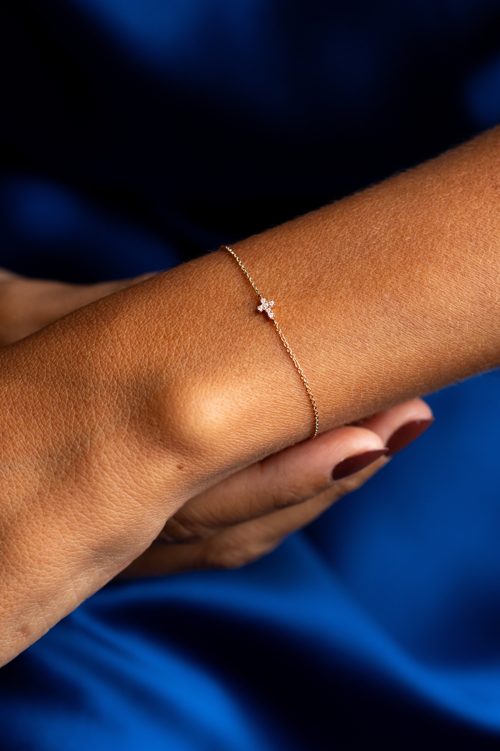 Tiny Cross Pink Gold Chain Bracelet with Diamonds
