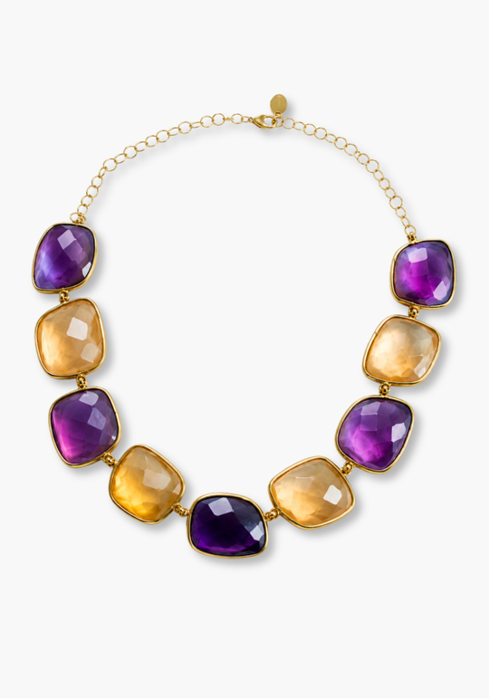 Gold Silver Necklace with Citrine, Amethyst and Mother-of-Pearl