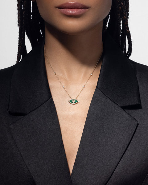 Yellow Gold Diamond Necklace Lucky Eye Malachite