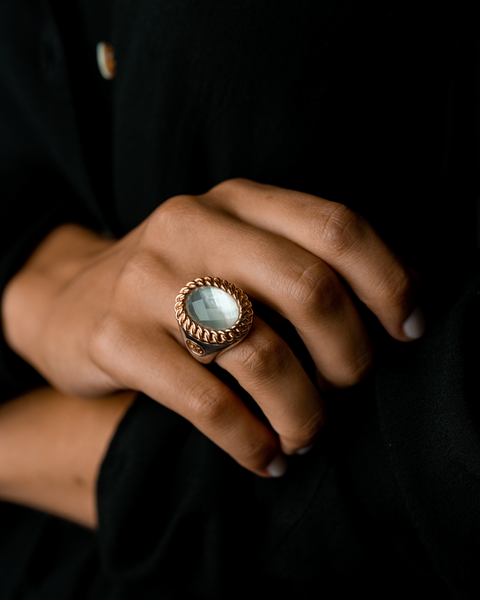 Silver Round Ring with Gold Chain and Crystal